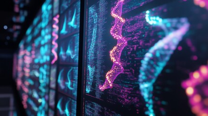 Leinwandbilder - Colorful digital representations highlight complex patterns in bioinformatics data analysis displayed on computer screens.