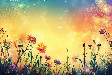 Poster - Festive Fireworks Display Over Silhouetted Wildflowers