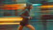 © jobim - An abstract blurry film photograph of a woman running on the street, using black shorts and a hoodie with speed photography creating motion blur and a blurred background with motion trails.
