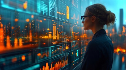Fototapete - A data analyst observes glowing financial charts displayed on a large screen. The city skyline is visible in the background, illuminated by sunset hues, creating a vibrant atmosphere.