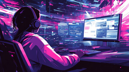 Cyberpunk Developer at Work: Immersive Coding in a Futuristic Digital Landscape