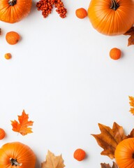 Wall Mural - Autumn Harvest Flat Lay Pumpkins and Leaves on White Background