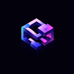 Wall Mural - abstract 3d cube with interconnected shapes, glowing neon colors, reflecting on dark background.