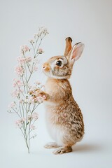 Wall Mural - A full-body photograph of an adorable, standing brown bunny against a white background, isolated at the edges.