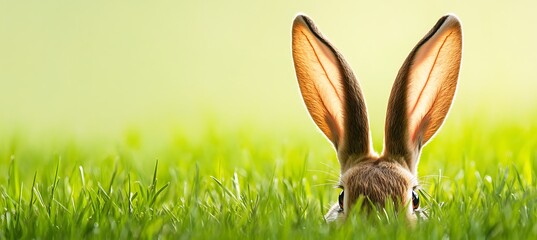 Wall Mural - A pair of rabbit ears peeking out from behind the grass, set against a light green background with copy space on one side.