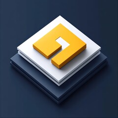 Wall Mural - abstract 3d isometric logo design with yellow letter f on layered white and dark blue squares.