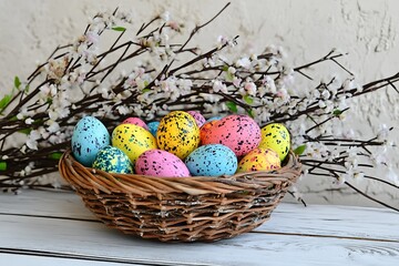 Wall Mural - Easter background with colorful eggs in a basket and willow branches on a white wooden table. 