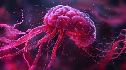 Canvas Print - abstract brain-like jellyfish with glowing tentacles.