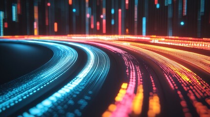 Wall Mural - abstract glowing light trails curve on dark background, resembling a futuristic digital highway or d