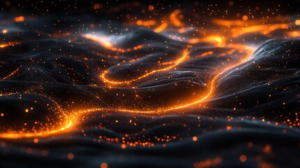 Canvas Print - abstract glowing particles forming dynamic wavy lines on dark surface.