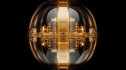Wall Mural - abstract golden sphere with intricate internal mechanism, isolated on black background.