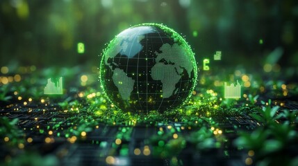 Poster - A digital representation of the Earth is surrounded by vibrant greenery, showcasing the integration of technology and nature. This visual emphasizes eco-friendly solutions for a sustainable future.