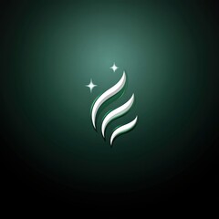 Wall Mural - abstract logo design with three stylized white flames and two stars on a dark green background.