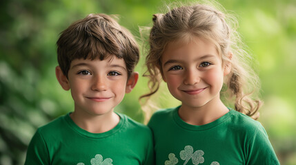 Smiling children wearing shamrock shirts for St. Patrick’s Day