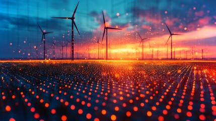Poster - Wind turbines stand against a stunning sunset, illuminating the landscape with vibrant colors. Electric patterns create a dynamic atmosphere, emphasizing renewable energy.