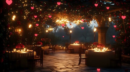 Wall Mural - A candlelit garden terrace hosting Valentine's dinner, heart-shaped chandeliers overhead, fragrant roses decorating every table and soft music