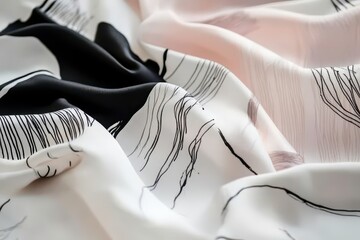 Wall Mural - A close-up of flowing fabric with abstract patterns in black and white tones.