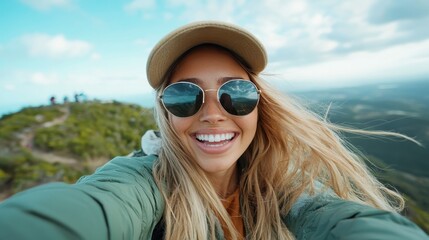 A joyful woman wearing a cap and sunglasses beams as she takes a selfie on a beautiful mountain hike with expansive skies and lush greenery in the background.