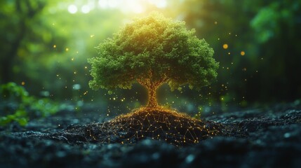 Aufkleber - A tree stands prominently in fertile soil, its roots aglow with light. Surrounding it are lush green plants, all illuminated by soft golden sunlight filtering through the forest.