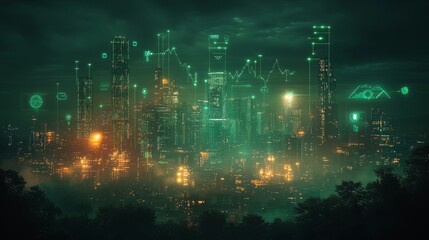 Aufkleber - A vibrant, futuristic city skyline shines with green lights under a dark sky. Digital data overlays provide information, creating a high-tech atmosphere. Buildings tower above shrouded in mist.