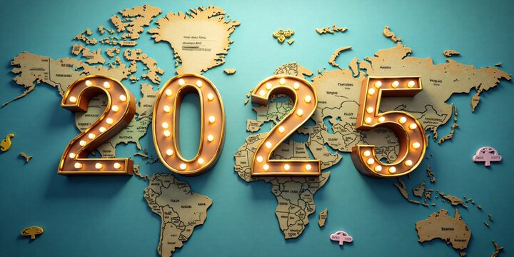 2025 new year traveling around the world concept, suitable for traveling agencies and transportation designs for new year 2025.