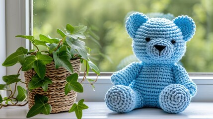 Wall Mural - A blue crochet cat sits on the windowsill