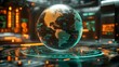 © Prostock-studio - A holographic globe showcases the Americas illuminated with vibrant colors amid a high-tech environment filled with data streams and glowing panels.