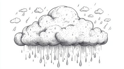 Wall Mural - Vector style coloring page  black line art of a single cloud with rain outline on white background