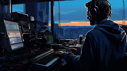 Silhouette of a programmer engaged with code on screen, emphasizing a modern tech atmosphere