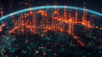 Fototapete - Bright data points and connections illustrate global networks above the Earth. The colorful display emphasizes technological infrastructure and interconnectivity in various regions.