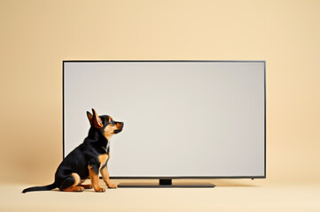 cute puppy sitting next to large blank tv screen on beige background