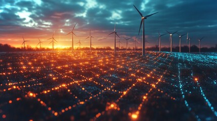 Wall Mural - Wind turbines rotate against a stunning sunset, illuminating a grid with bright blue and orange lights. This scene showcases clean energy production in a rural landscape.