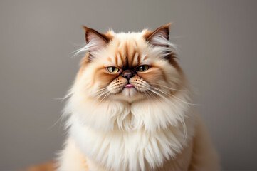 Fluffy persian cat with creamy fur and intense gaze on neutral background