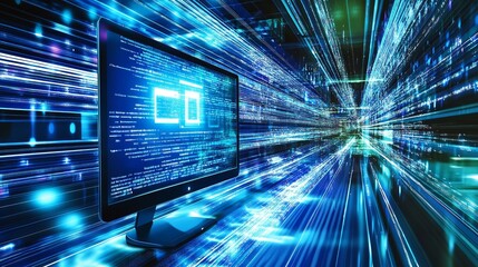 A contemporary computer monitor displaying dynamic programming and application development is an example of innovative software engineering. Generative Ai