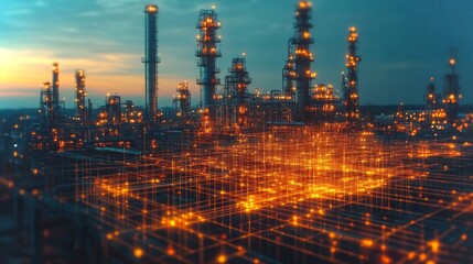 Aufkleber - A vibrant industrial area with glowing structures highlights the energy production sector. The sky transitions into dusk, casting an ambient glow over the complex.