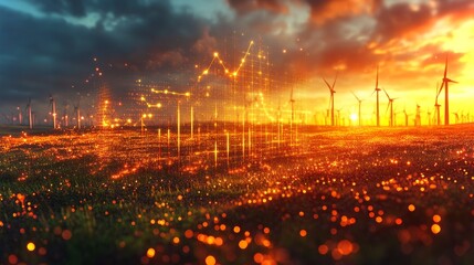 Aufkleber - Renewable energy is being produced by wind turbines in a rural area as a stunning sunset casts colorful light over the field, where glowing data visualizations symbolize energy stats.