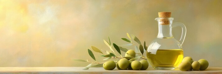 Wall Mural - Olive Branch and Golden Oil - Still life of fresh olives on a branch beside a decanter of golden olive oil. Symbolizing health, nature, Mediterranean cuisine, purity, and abundance.