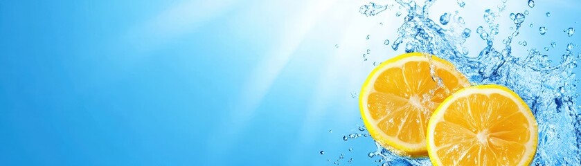Wall Mural - juicy orange slice making splash, refreshing citrus fruit falling into water
