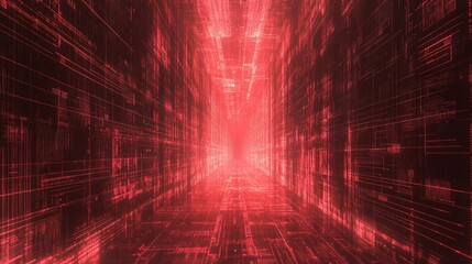 Wall Mural - red digital tunnel, glowing lines, abstract technology background.