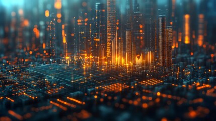 Aufkleber - A vibrant night city skyline displays glowing lights and data connections, representing urban growth and technology's impact on the environment, with high-rise buildings and intricate networks.