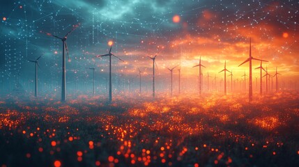 Poster - Dynamic colors fill the sky as the sun sets behind a row of wind turbines. The field is alive with glowing flowers, creating a mesmerizing view filled with energy.
