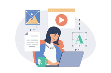 Fototapete - Content manager web concept with flat cartoon people for website design.