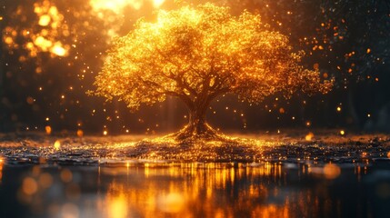 Aufkleber - A magnificent tree glows golden under the warm evening sun, surrounded by twinkling lights. Its reflection dances on the still water, creating a magical atmosphere at dusk.