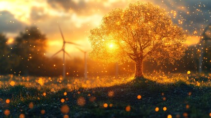 Aufkleber - A majestic tree stands in a field as the sun sets behind it, casting a warm golden glow. Wind turbines can be seen in the distance, creating a serene atmosphere.