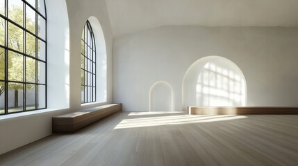 Sticker - Minimalist Room with Arched Windows and Wooden Floor