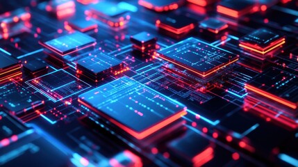 Abstract digital circuit board with glowing neon lines and interconnected microchips.