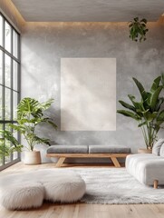 Wall Mural - Spacious living room interior with plants, two settees, gray bench and fur rug