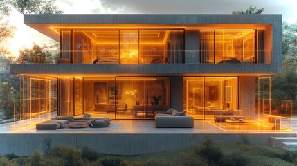 Poster - A contemporary house showcases vibrant orange exterior lighting amid lush greenery, with large glass windows revealing a stylish interior. The setting sun enhances the tranquil atmosphere.
