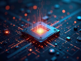 Wall Mural - futuristic microchip technology with glowing elements and data transmission effect in a digital circ