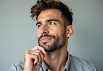 Wall Mural - A man with a beard and a thoughtful expression looks upwards.